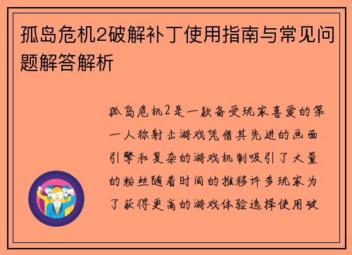 孤岛危机2破解补丁使用指南与常见问题解答解析