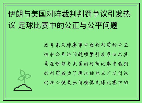 伊朗与美国对阵裁判判罚争议引发热议 足球比赛中的公正与公平问题