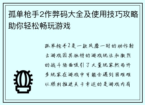 孤单枪手2作弊码大全及使用技巧攻略助你轻松畅玩游戏
